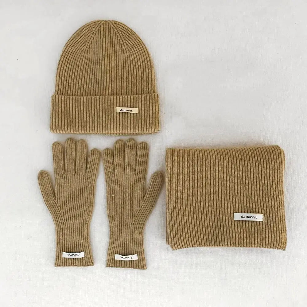 Women's 3-Piece Red Knit Cotton Hat, Scarf & Gloves Set — Thick Winter Beanie with Ear Protection, Warm Holiday Gift