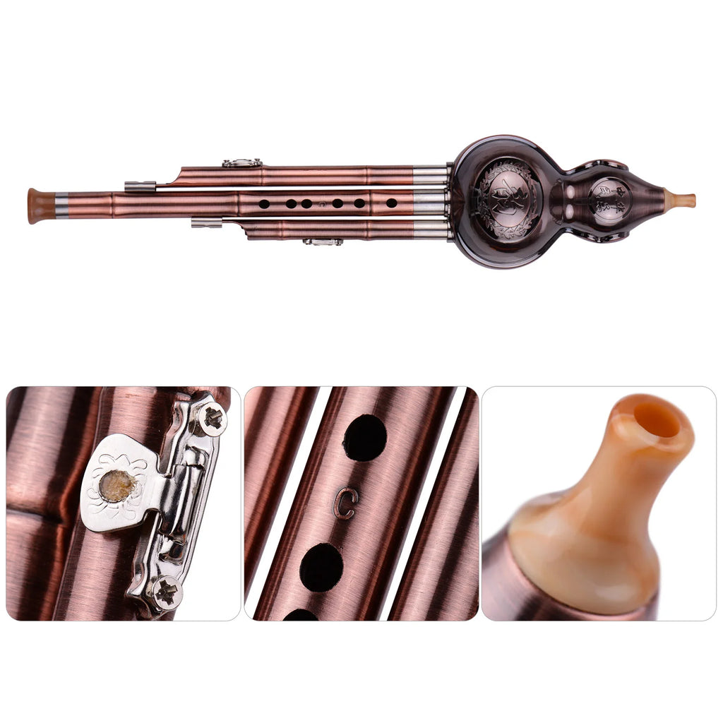 C-Key Hulusi 3-Tone Gourd Flute – Aluminum Body with Copper-Plated Pipes, Case & Decorative Knot