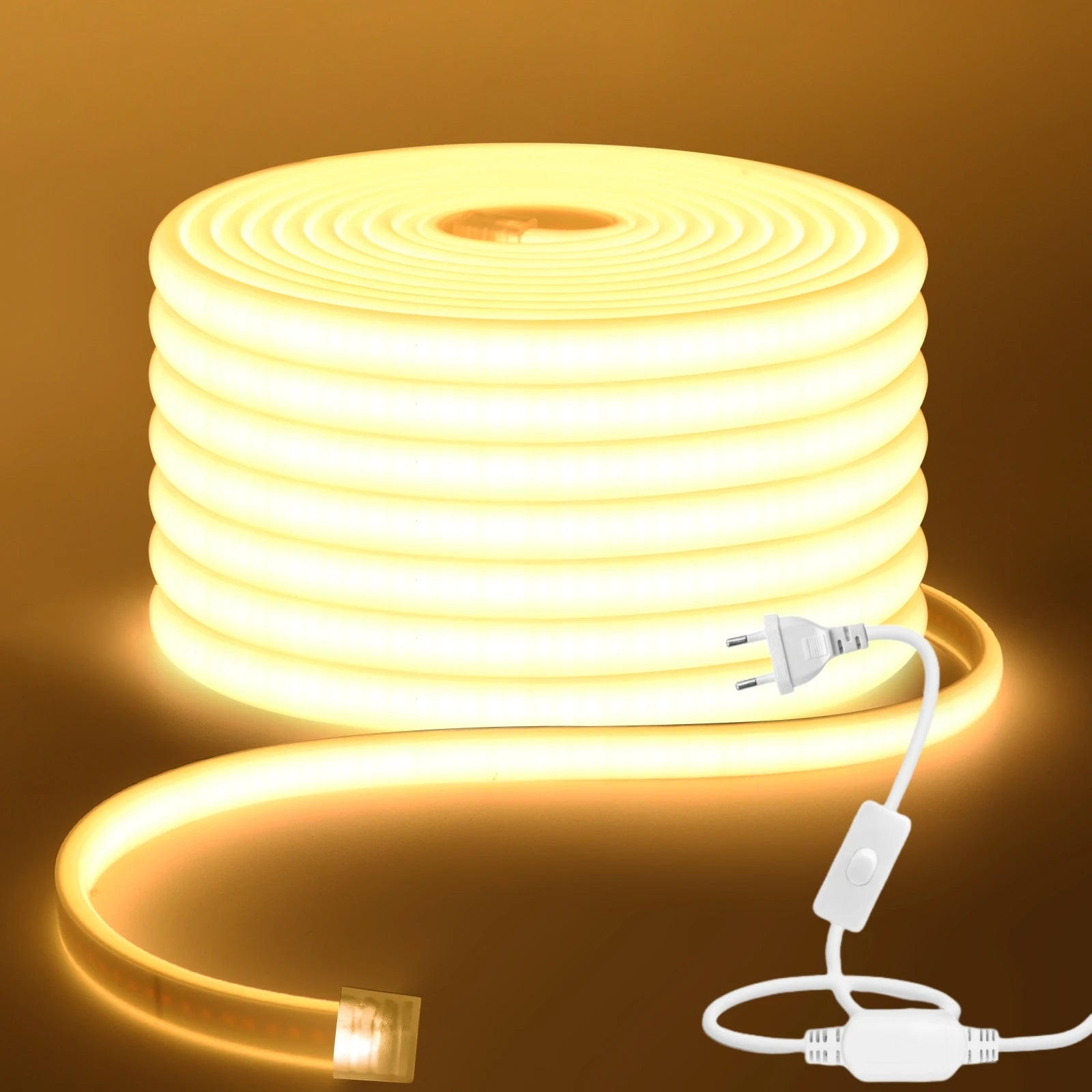 COB LED Strip Light 220-240V EU Dimmer Plug IP67 Waterproof Tape, 3000K/4000K/6000K, 288 LEDs/m