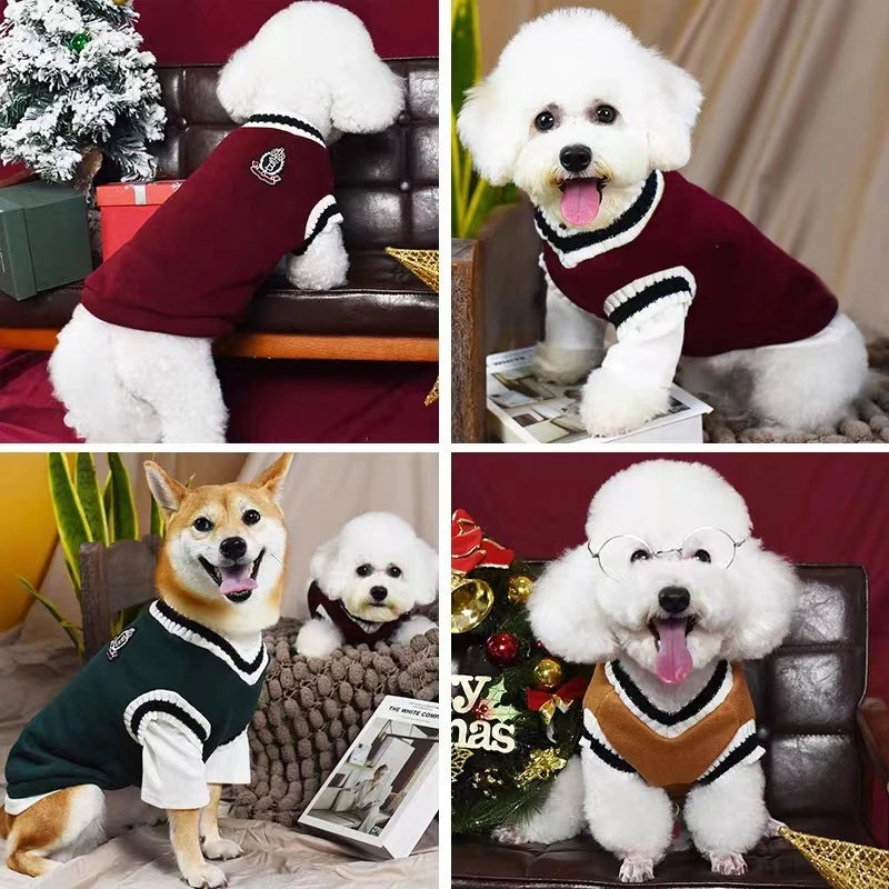 V-Neck Pet Sweater Winter Warm Puppy Vest Knitwear for Small & Medium Dogs & Cats Preppy College Style