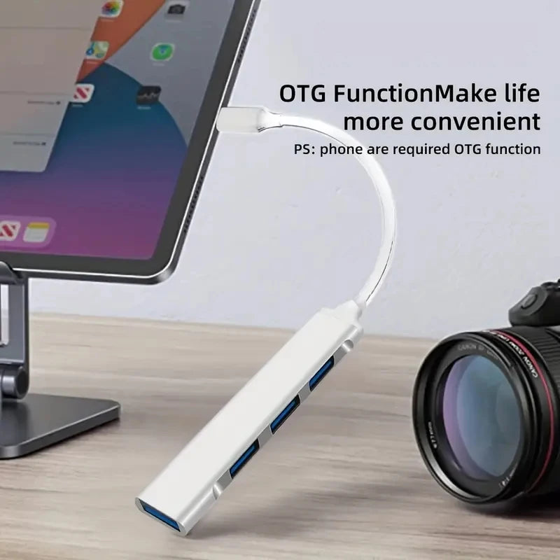 4-Port USB-C Hub with OTG — Type-C Multiport Adapter for 13–15 inch (33–38 cm) Laptops, USB 2.0