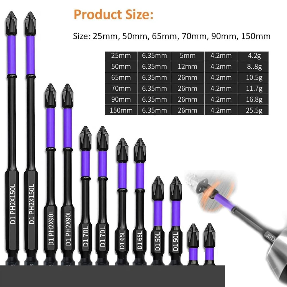 6/12-Piece Magnetic Impact Screwdriver Bit Set — Non-Slip Shockproof Phillips Torsion Bits, 1/4 in (6.35 mm) Hex Shank, Alloy Steel