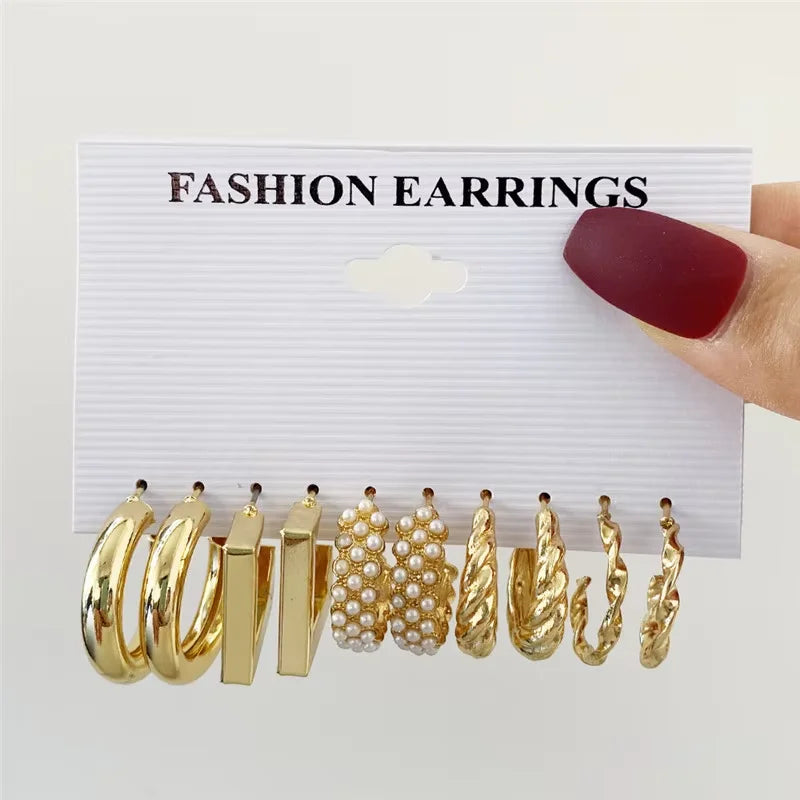 Geometric Hoop Earring Set for Women - Bohemian Pearl & Gold Drop Earrings, Vintage Punk Daily Wear Jewelry Gift
