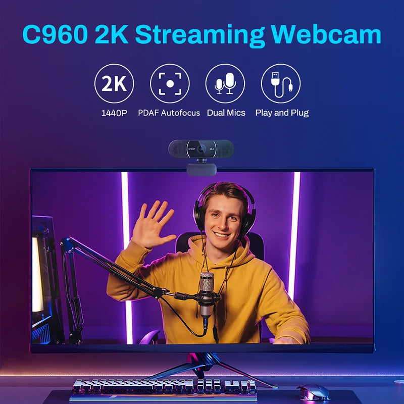 2K USB Webcam 2560x1440 Streaming Camera with Autofocus & Dual Noise-Reduction Microphones, Privacy Cover — Plug-and-Play for Desktop/Laptop