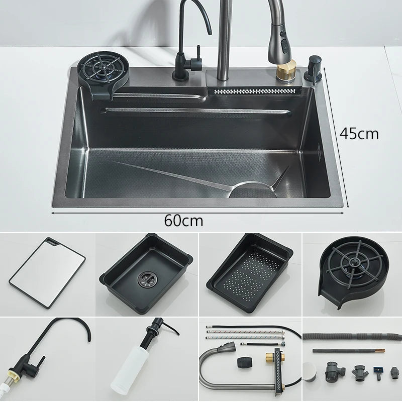 304 Stainless Steel 60 x 45 cm (23.6 x 17.7 in) Single Bowl Kitchen Sink with Waterfall Faucet Set, Soap Dispenser & Filter