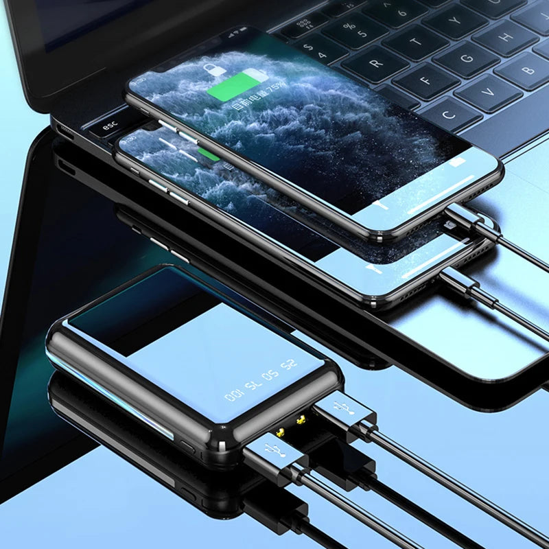20000mAh Portable Power Bank with LED Mirror Screen, Built-In Cables & Dual USB — External Charger for Smartphones