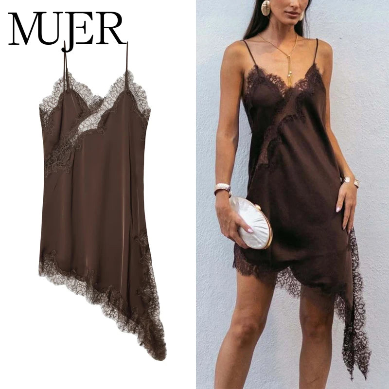 Lace Satin Slip Mini Dress Backless Asymmetric Summer Party & Beach Dress for Women