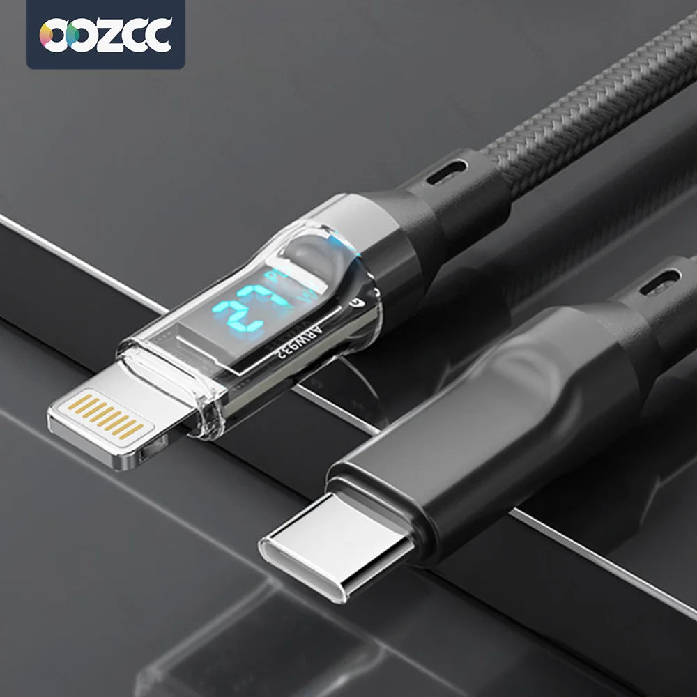 27W PD Fast Charging MFi Lightning Cable with LCD Power Display — Transparent Braided USB-A/USB-C to Lightning, Data Sync & Charging