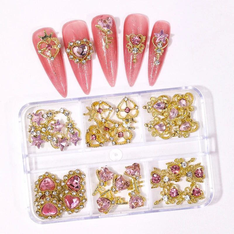 6-Grid Nail Rhinestone Kit – Saturn, Planet & Cross Crystal Nail Charms for Nail Art