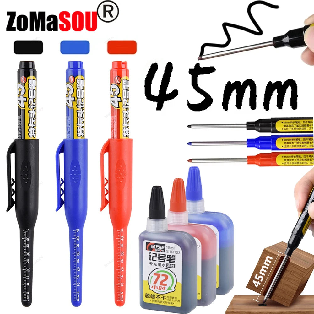 Waterproof Carpenter & Tile Marker Pen 45mm Long Nib — Deep-Hole Woodworking Marker, Black Blue Red (1–6 Pack)