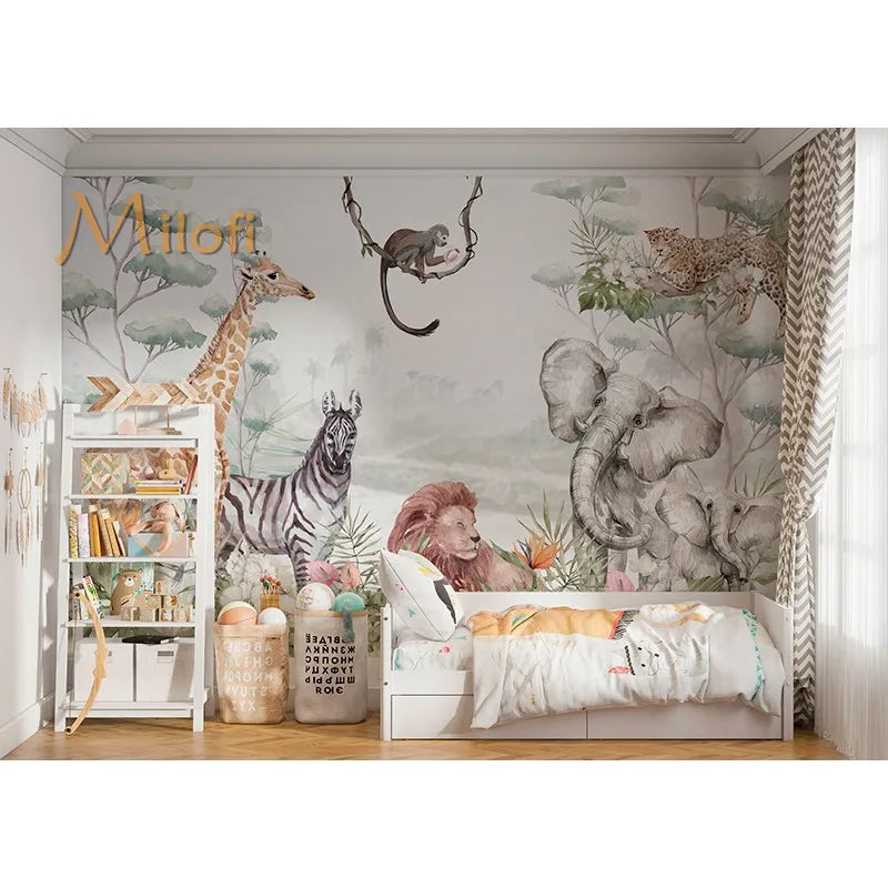 Custom Watercolor Jungle Animal Peel-and-Stick Wall Mural - Giraffe Elephant Zebra Nursery & Kids Wallpaper