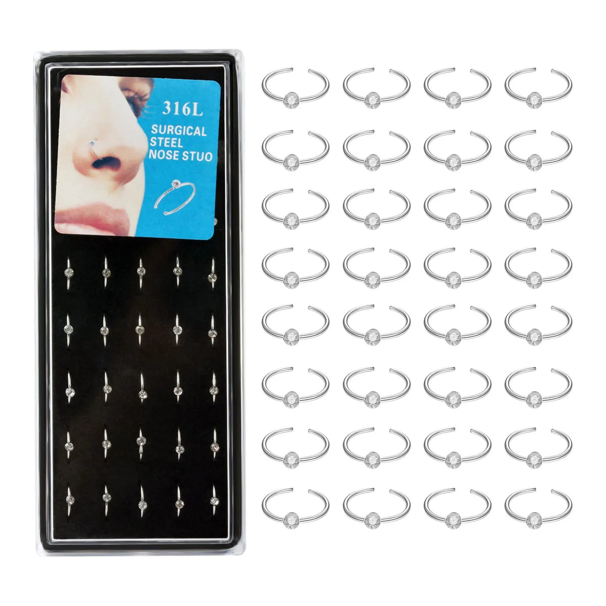 40/60-Piece Crystal 316L Stainless Steel Nose Piercing Kit - Straight L Studs & Helix Body Jewelry