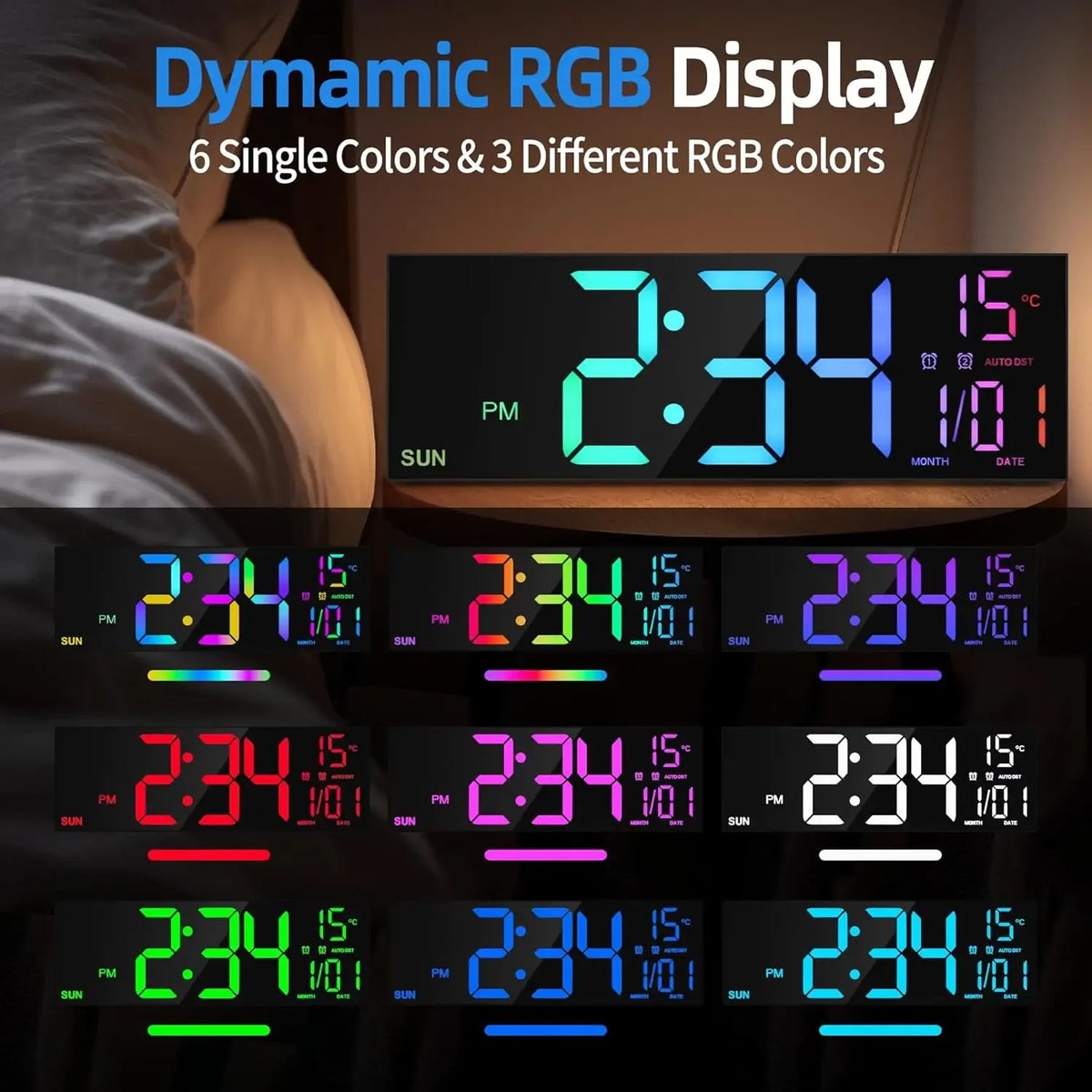 16.2 in (41 cm) Large LED Digital Wall Clock with Remote, Dual Alarm, RGB Night Light, Jumbo 4.5 in Digits