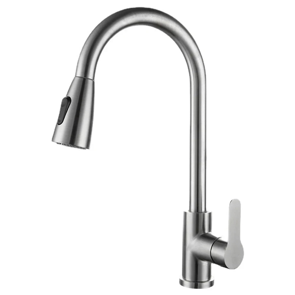 Brushed Nickel Pull-Out Kitchen Faucet — Deck-Mounted Single-Handle 360° Rotating Sprayer, Hot & Cold