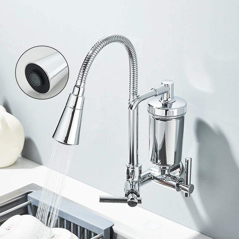 Wall-Mounted Pull-Out Kitchen Faucet with Built-In Filter — Chrome & Matte Black, Single Cold Water, Retractable Spout