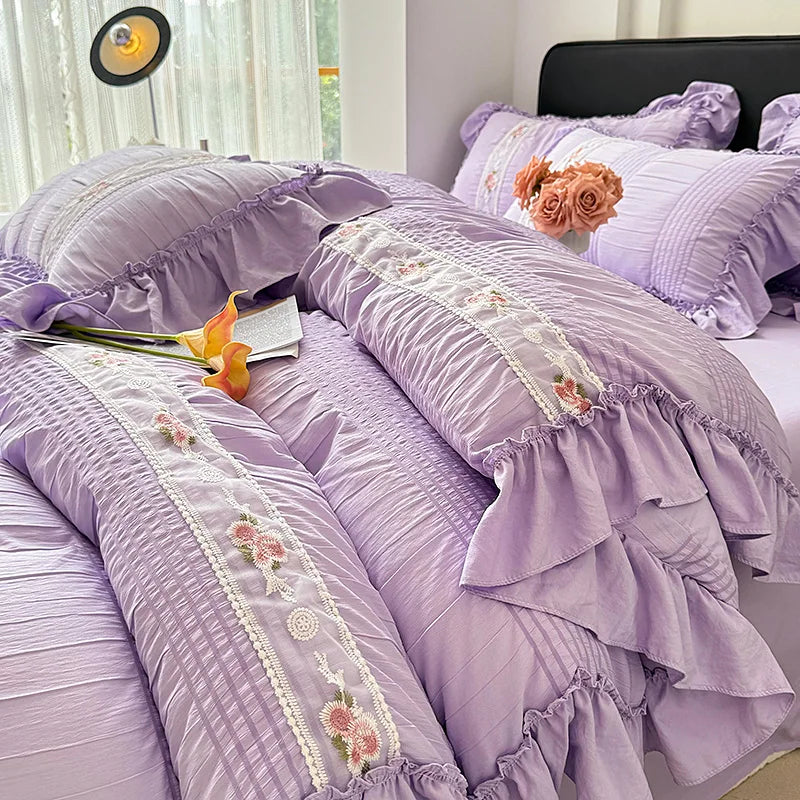 Princess Lace Ruffle Washed Cotton Duvet Cover Set - Seersucker Soft Bedding, 3/4-Piece (Single, Queen, King)
