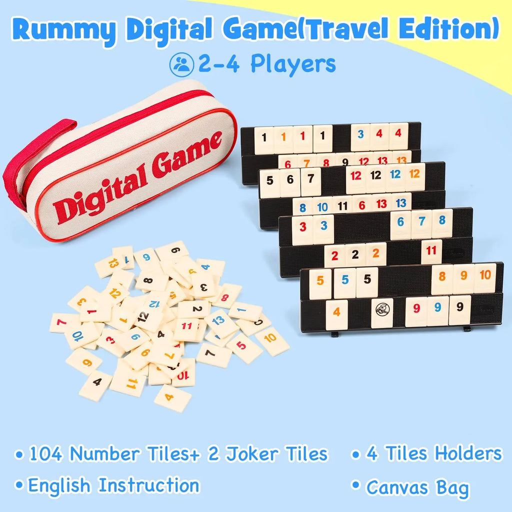 Rummy Tile Game Set 106 Tiles & 4 Racks with Portable Case | Travel Family Board Game