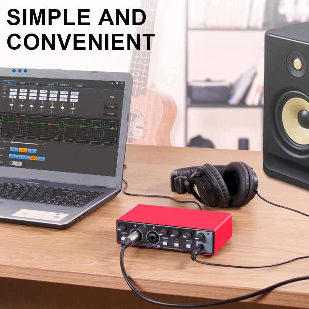 Portable 2-in-2-out USB Audio Interface 24-bit/192kHz with 48V Phantom Power, Loopback & Zero-Latency Monitoring for Guitar and Vocal Recording