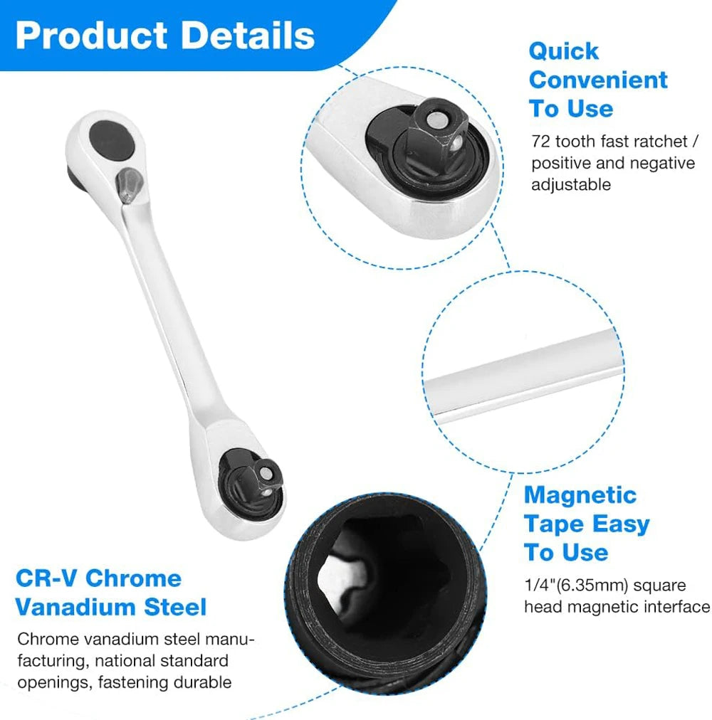 2-in-1 Mini 1/4" (6.35 mm) Ratchet Wrench & Bit Holder — 72-Tooth Double-Head
