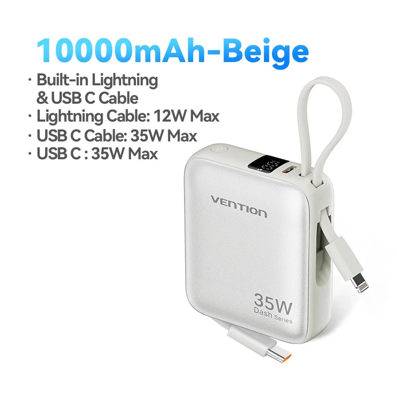 10000mAh 35W PD Fast Charging Power Bank with Built-in USB-C & Lightning Cables Compact Portable Charger for iPhone and Android