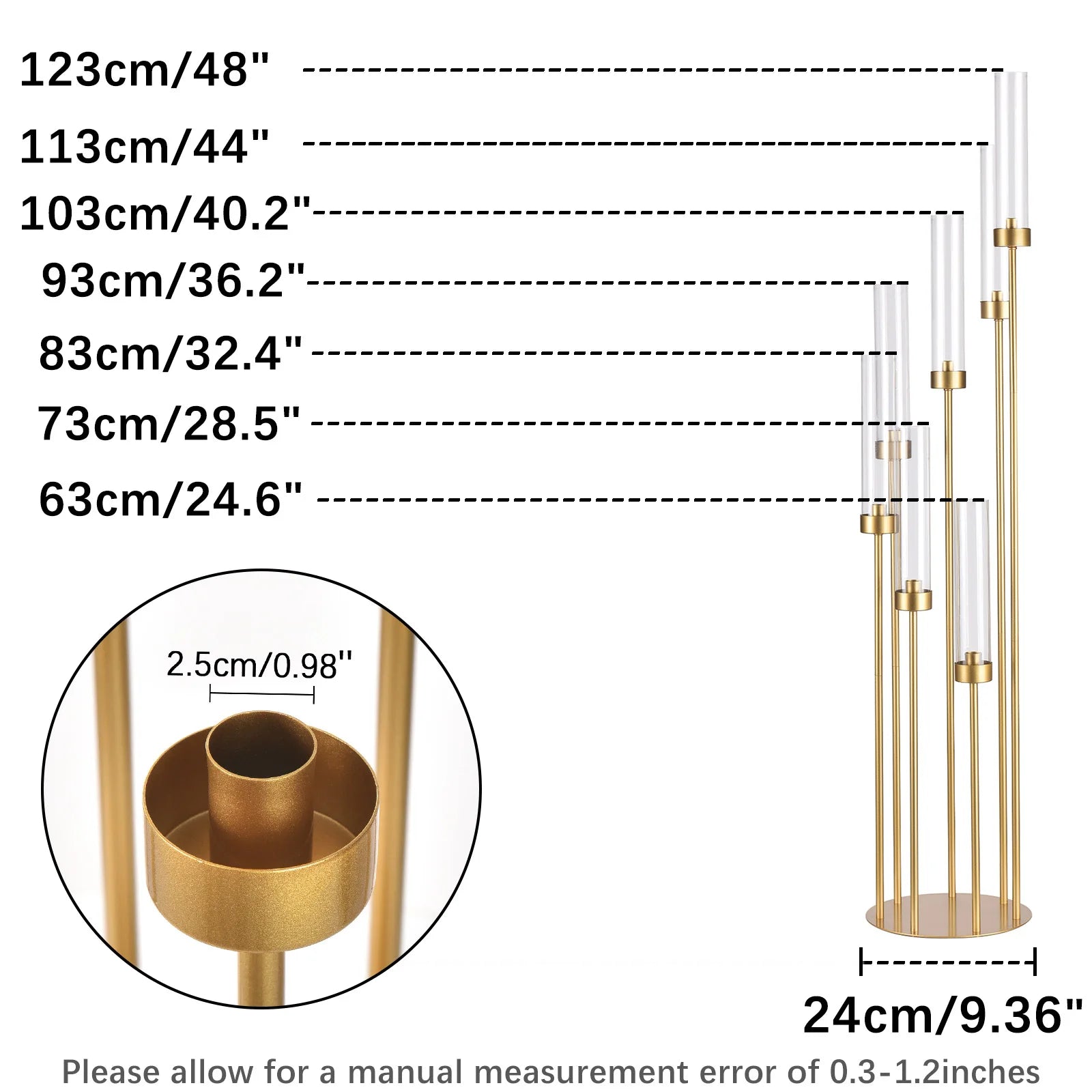 4-Pack 7-Arm Gold Floor Candelabra, 48 in (122 cm) Tall Metal Wedding Centerpiece with Removable Acrylic Shades