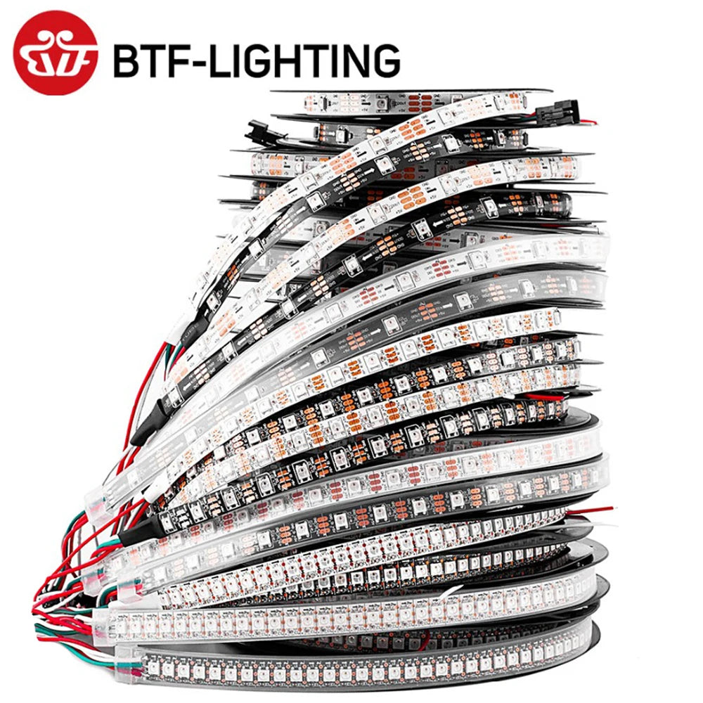 WS2812B Addressable RGB LED Strip Light DC 5V – Individually Programmable Smart Pixels, IP30/IP65/IP67, Black/White PCB