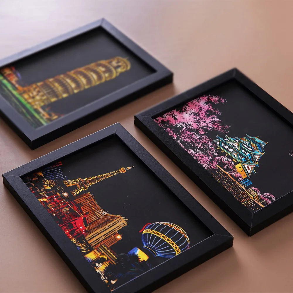 DIY Scratch Art Postcards A5 (20 x 14 cm | 7.9 x 5.5 in) 4‑Pack Night Scene Rainbow Scratch‑Off Sheets with Bamboo Stylus — Kids & Adult Craft Gift