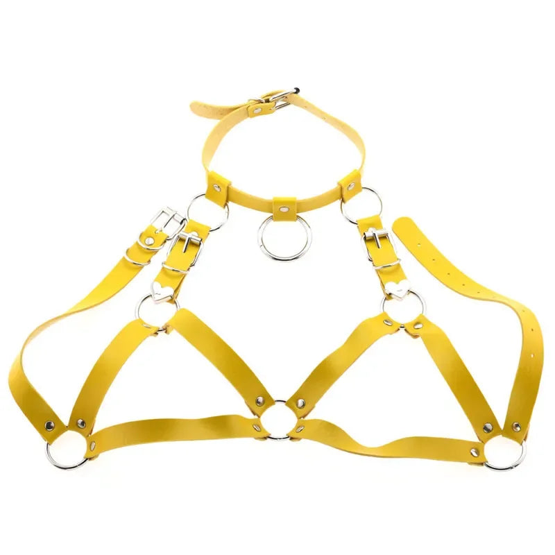 Black Goth Faux Leather Body Harness Chain Chest Belt Top for Punk Rave Festival