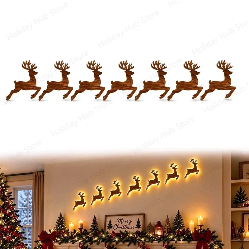 LED Light-Up Wooden Reindeer & Santa Sleigh Wall Decor with Remote — Battery Powered Christmas Wall Stickers