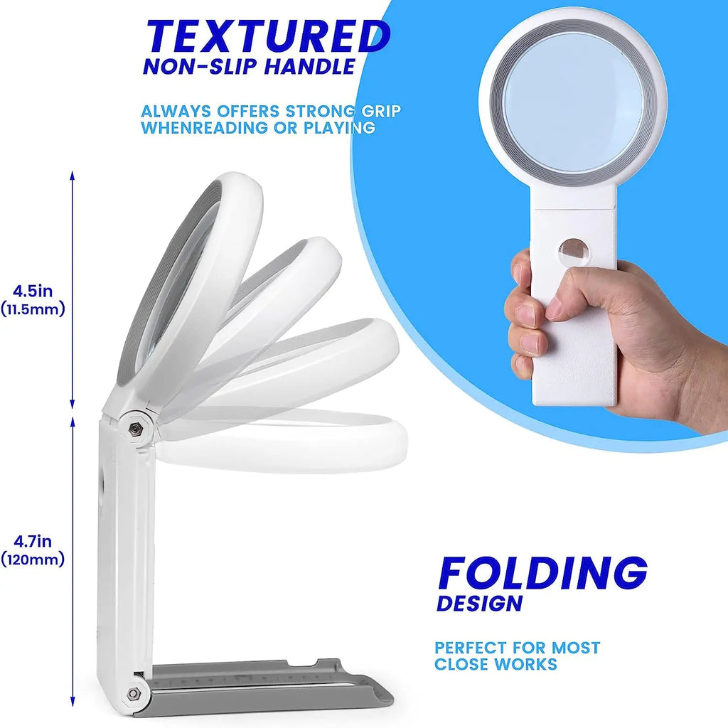 10X / 30X LED Magnifying Glass with 18 LEDs and Stand - Folding Handheld Illuminated Magnifier for Reading, Jewelry & Coins