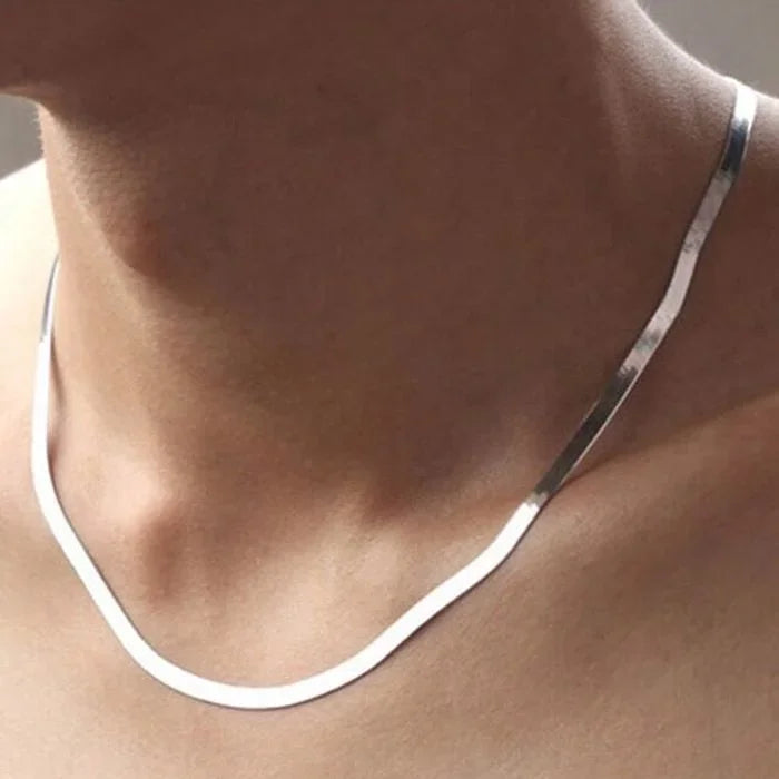 925 Sterling Silver 4mm Flat Link Chain Necklace - Rose Gold Plated Choker Clavicle Pendant