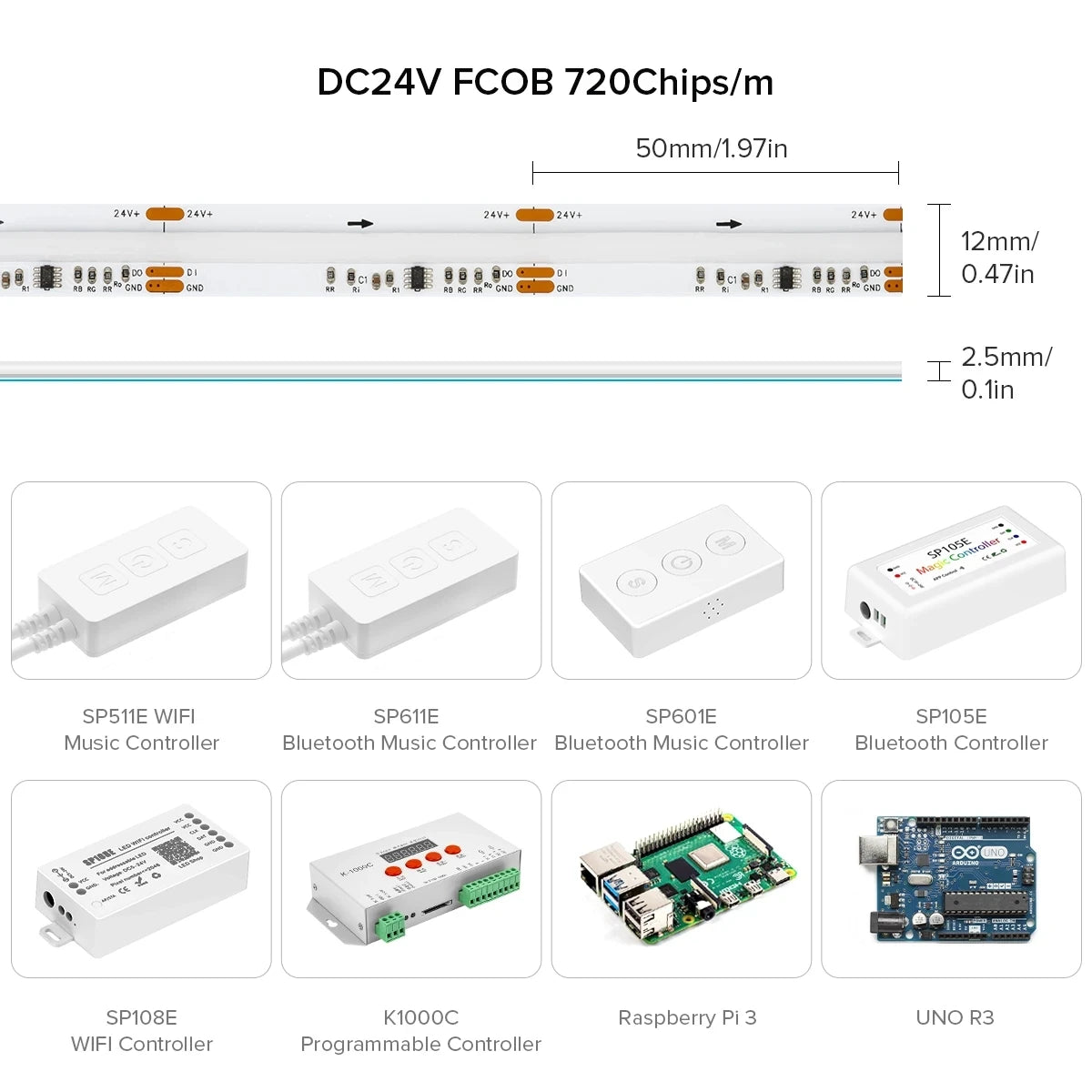 Pixel Addressable COB WS2811 LED Strip – 630/720 LEDs/m, 12mm High-Density RGB Dream Color, DC12/24V