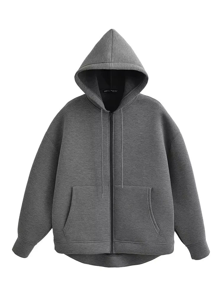 Women's Oversized Zipper Hoodie Jacket with Double Pockets - Casual Autumn/Winter Coat