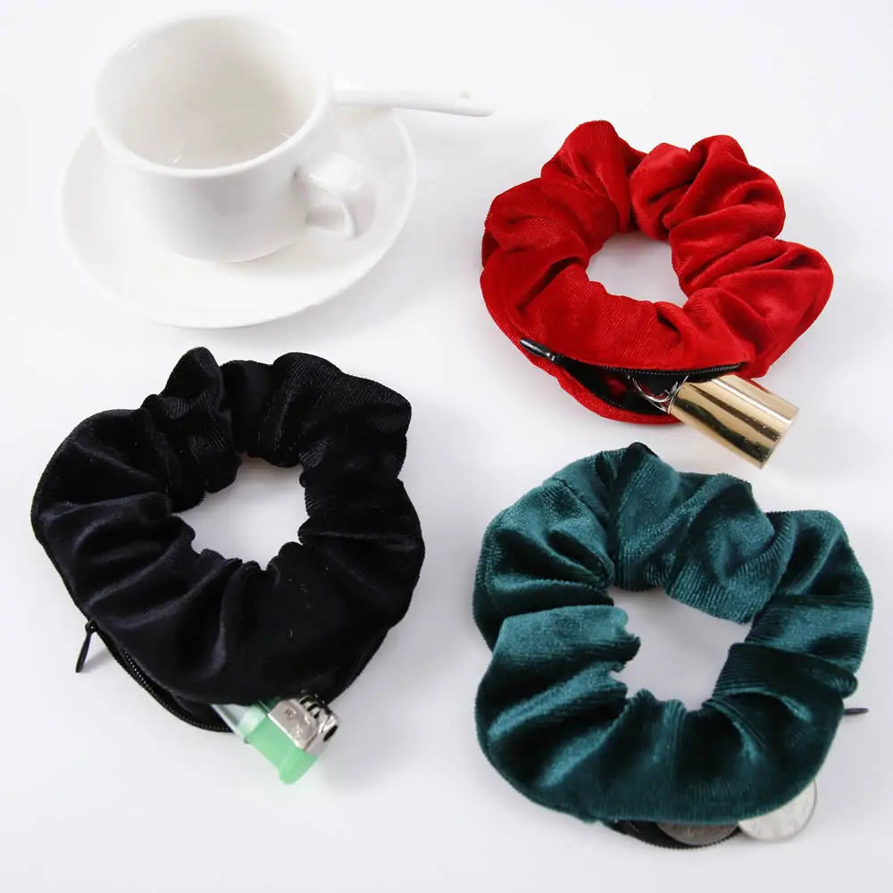 Hidden Pocket Scrunchie Hair Tie with Zipper - Secret Safe for Keys, Cash & Jewelry, Travel & Festival Accessory