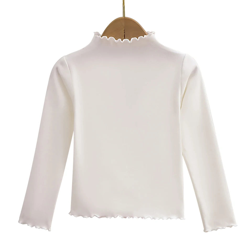 Girls Turtleneck Long Sleeve Lettuce-Edge Knit Tee – Solid Color Autumn Winter Top