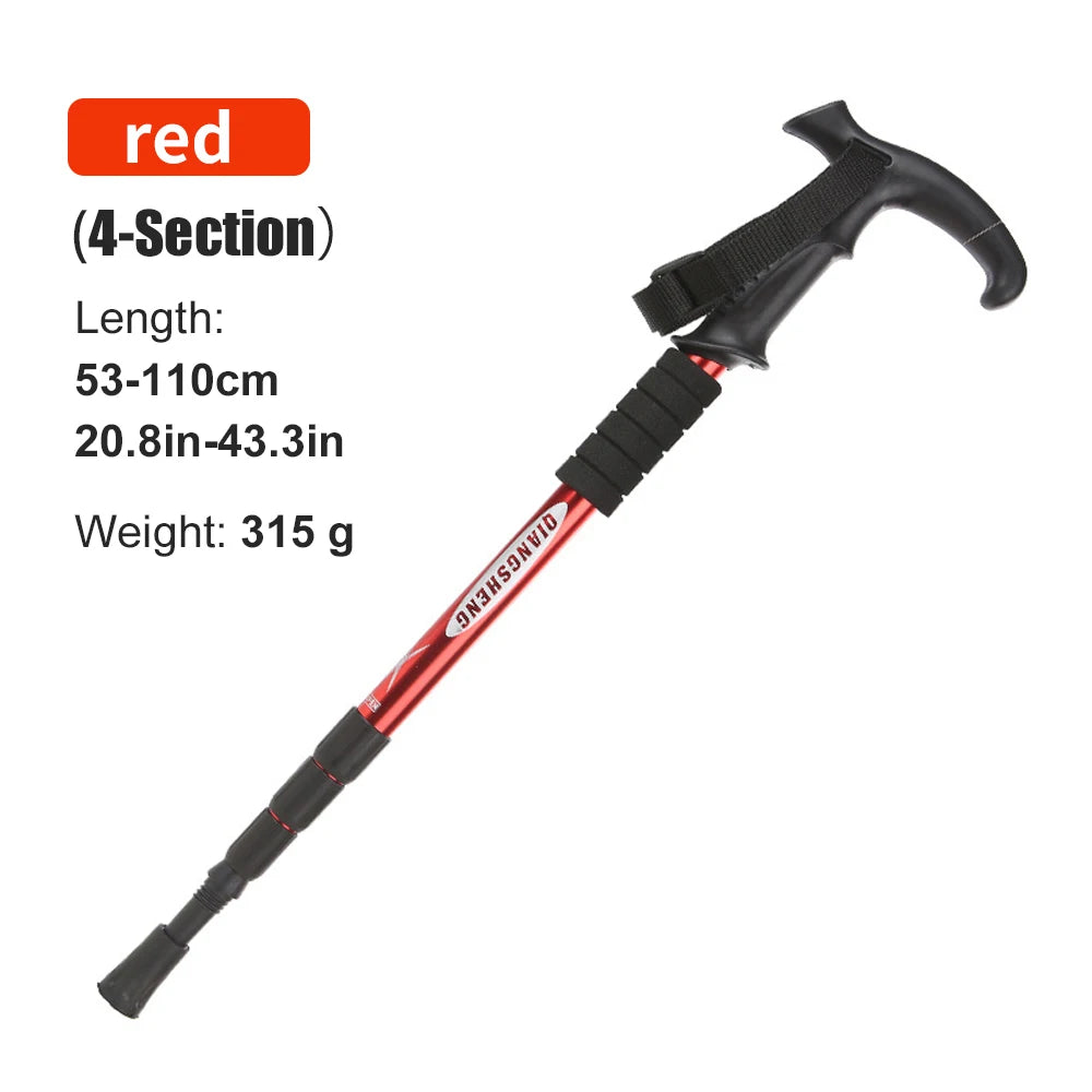 Folding 4-Section Telescopic Trekking Pole - Lightweight Aluminum Hiking Stick with T-Handle, Adjustable 21-43 in (53-110 cm)