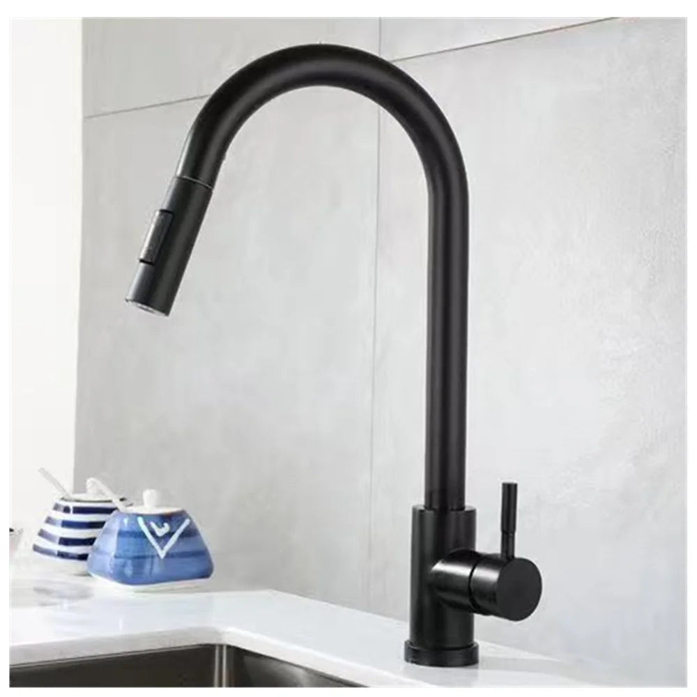 Black Pull-Out Kitchen Faucet 2-Mode Spray & Stream, Deck-Mounted Single-Handle Mixer, 304 Stainless Steel, 1/2-inch Connection