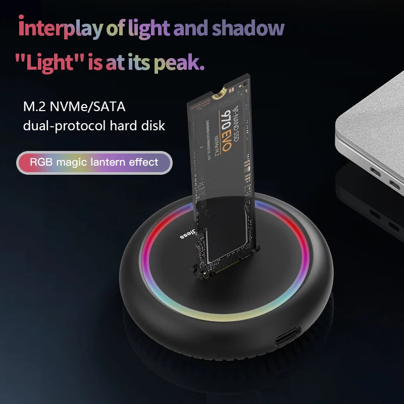 Dual-Protocol M.2 SSD Docking Station USB-C NVMe + SATA (M.2 NGFF) with RGB LED Light