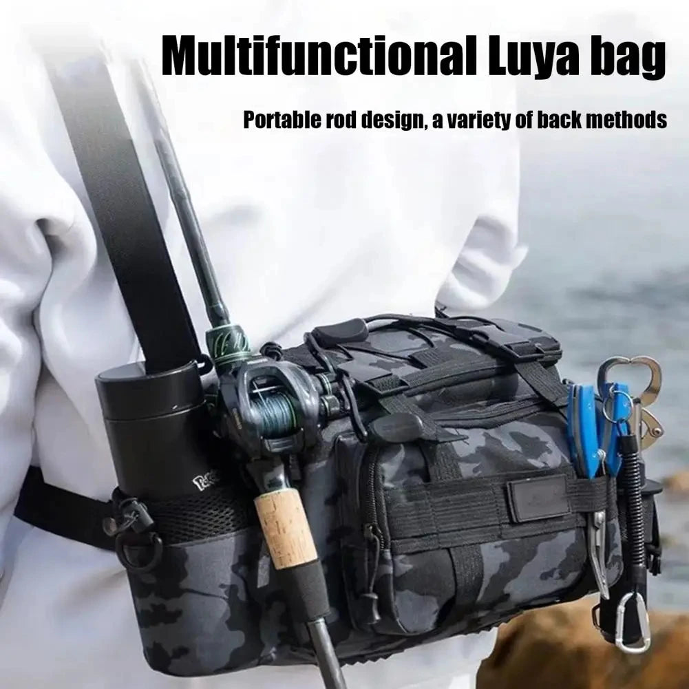 Waterproof Oxford Fishing Tackle Bag - Shoulder Crossbody Rod Holder with Multi-Pocket Storage