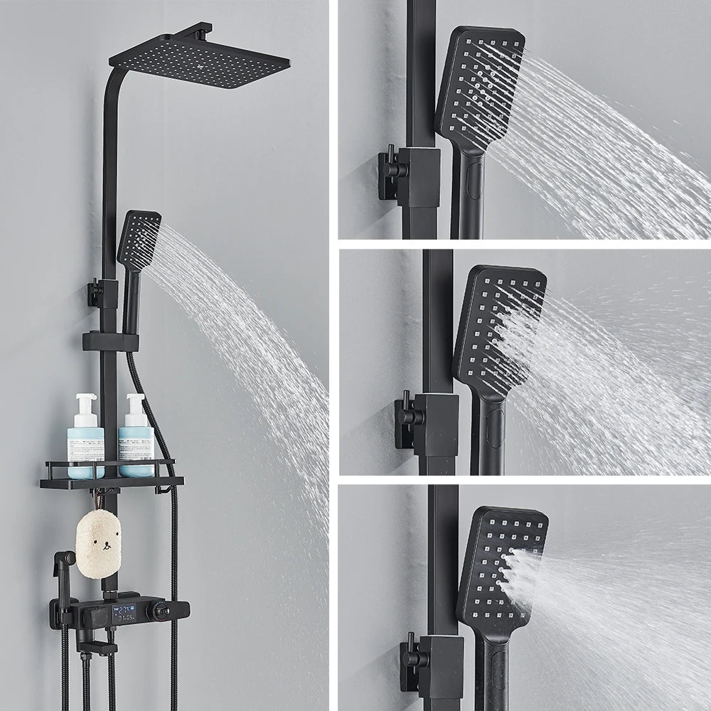 Black Digital Thermostatic Shower System 10-Inch (25.4 cm) Rainfall Head 4-Way Mixer with Digital Display, Slide Bar Shelf & Bidet Faucet