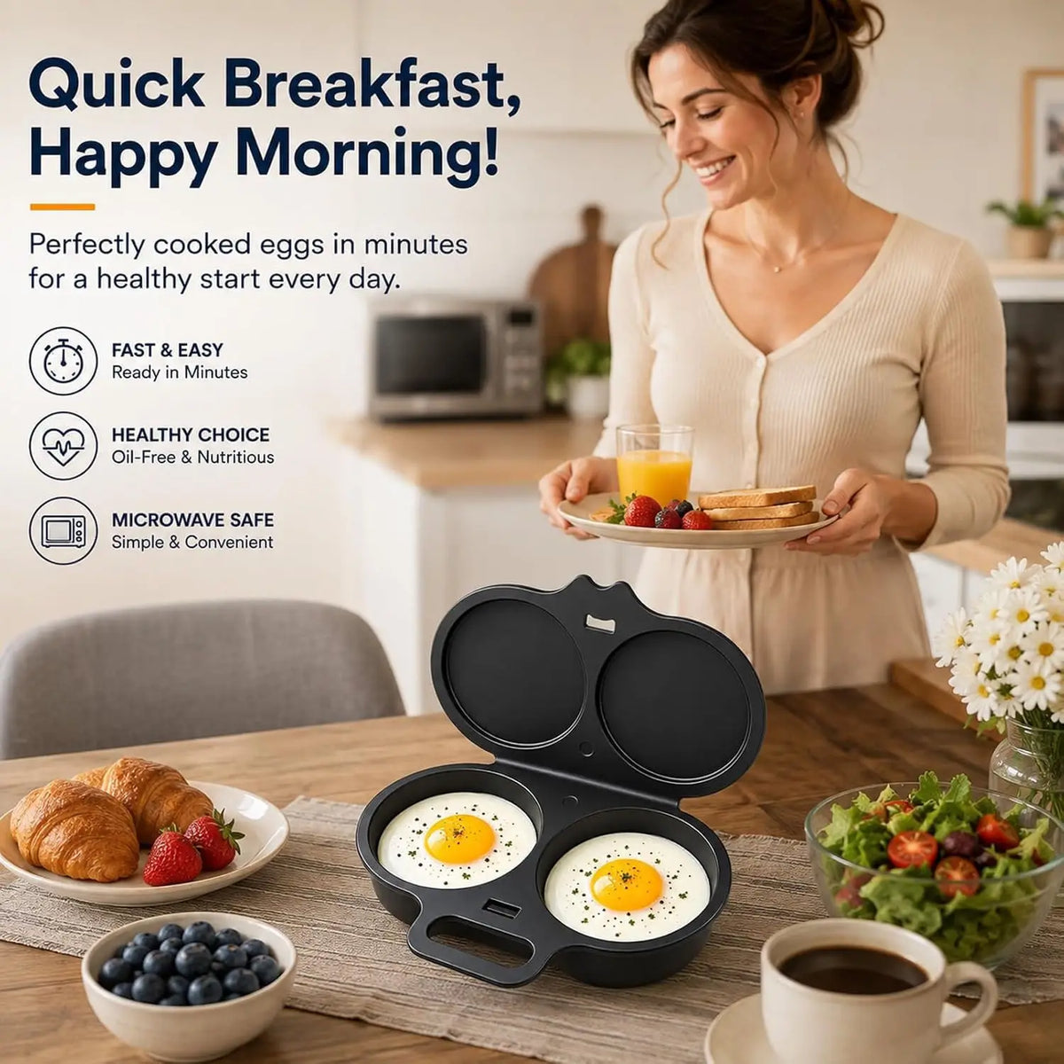 Microwave Double Cavity Silicone Egg Poacher – Food-Grade Non-Stick Oil-Free Egg Steamer, Reusable Kitchen Mold