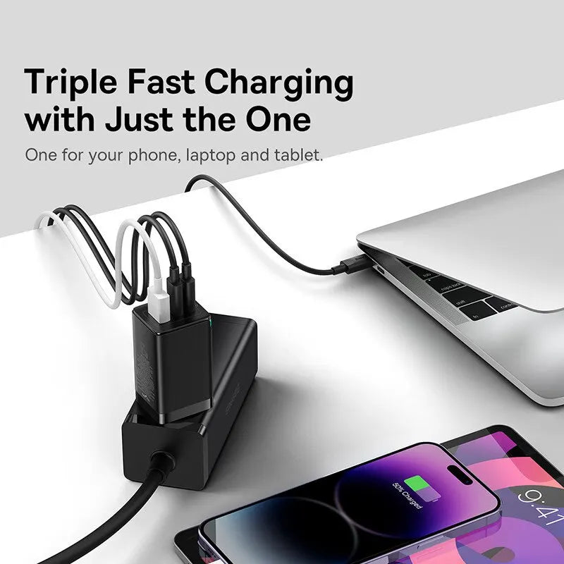 65W GaN Fast Charger – Dual USB-C + USB-A PD Quick Charger with 100W USB-C Cable for Laptop, Phone & Tablet