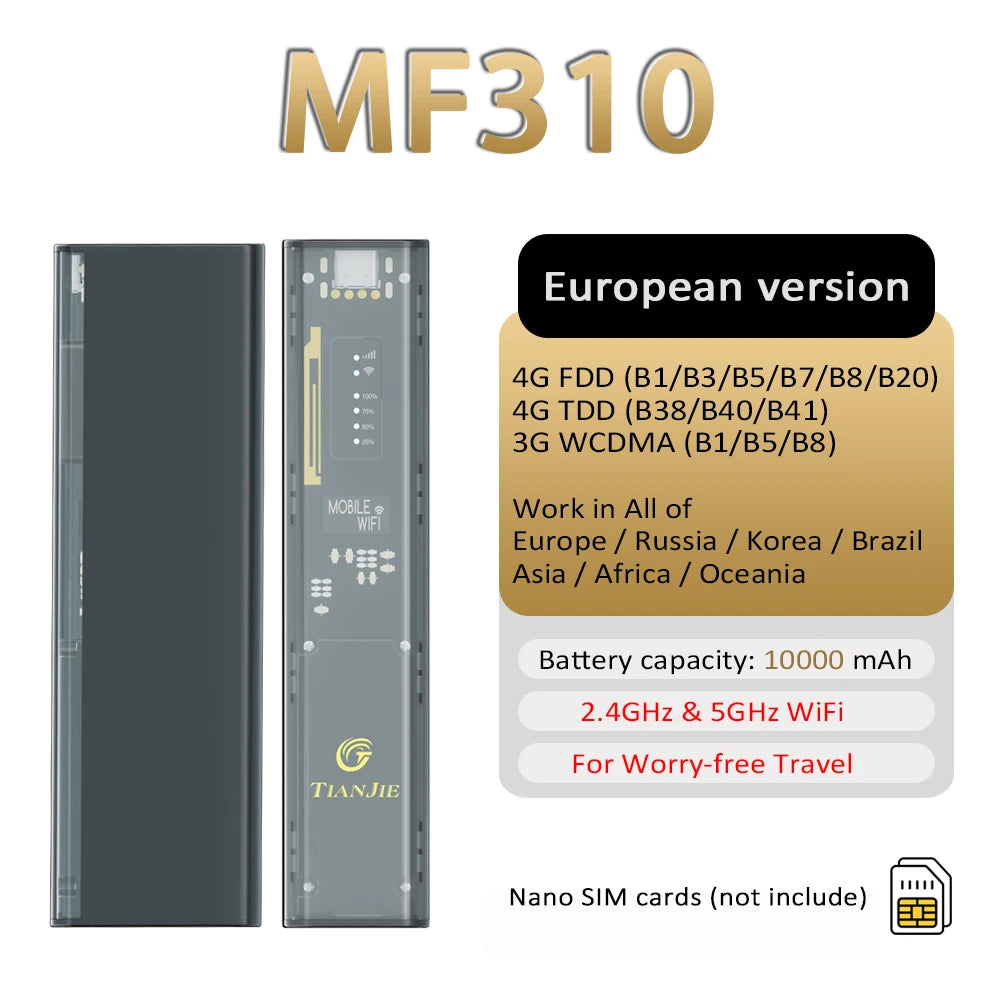 4G Mobile WiFi Router 10000mAh Power Bank Dual-Band 2.4/5GHz Portable MiFi Hotspot Global Band Support