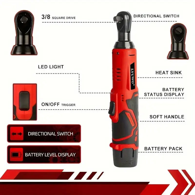12V Cordless Right Angle Electric Wrench 45 Nm 3/8 in (9.5 mm) Ratchet Car Maintenance Tool with 4 Sockets