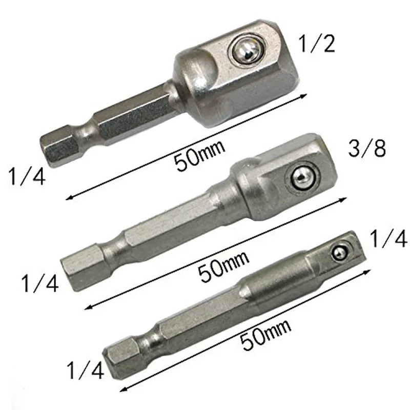 3-Piece Drill Socket Adapter Set 1/4 in, 3/8 in, 1/2 in (6.35, 9.53, 12.7 mm) Hex Shank Square Drive Impact Adapters