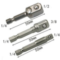 3-Piece Drill Socket Adapter Set 1/4 in, 3/8 in, 1/2 in (6.35, 9.53, 12.7 mm) Hex Shank Square Drive Impact Adapters
