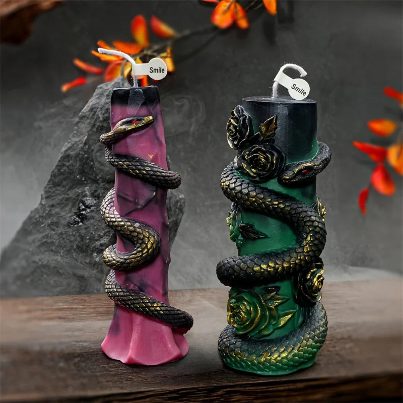 Snake Silicone Candle Mold - Column Candlestick Mold with Coiled Snake, Egg & Rose Relief for DIY Candles & Gypsum Decor