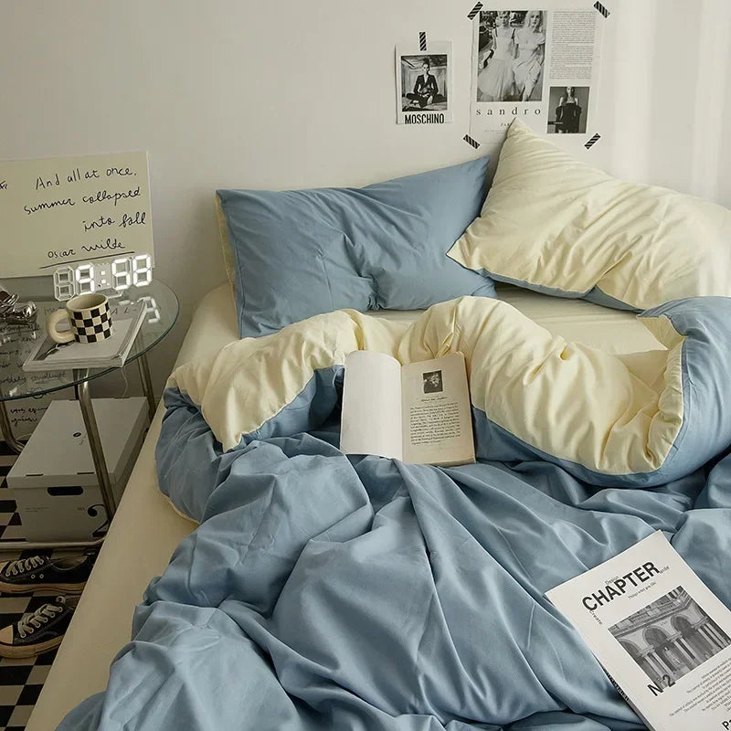 Washed Cotton Solid 4-Piece Bedding Set – 1.5 m (5 ft / 60 in) & 1.8 m (6 ft / 72 in) Duvet Cover, Fitted Sheet & Envelope Pillowcases