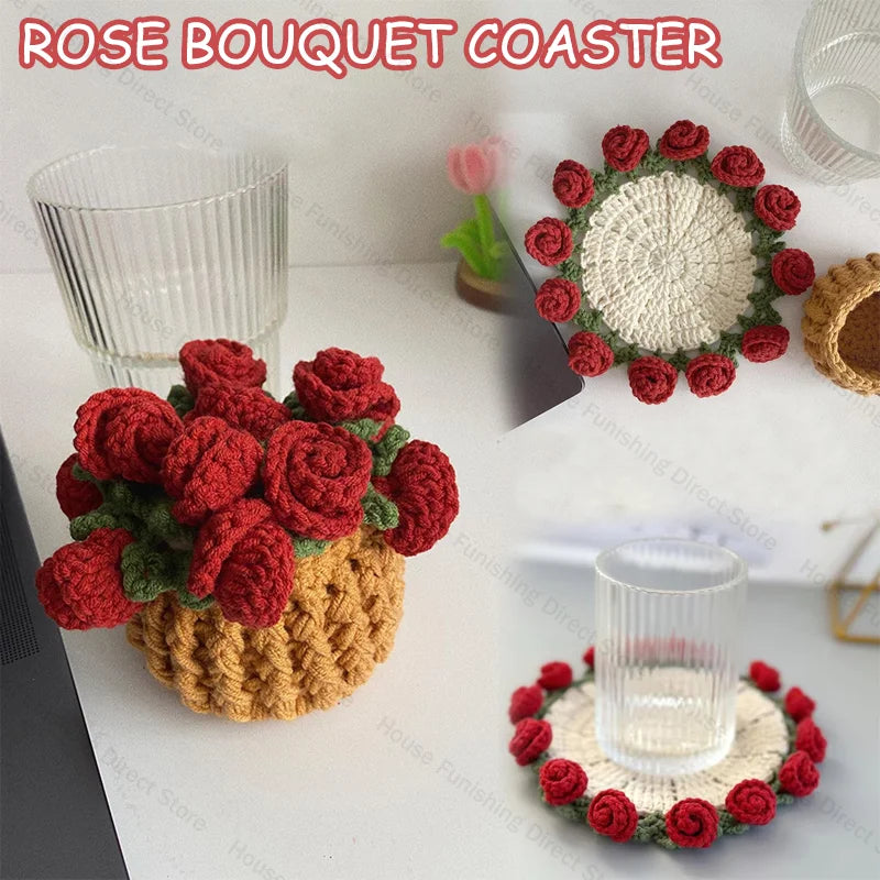 Handmade Crochet Rose Coaster, Heat-Resistant Table Mat for Valentine's Day, Romantic Wedding Gift