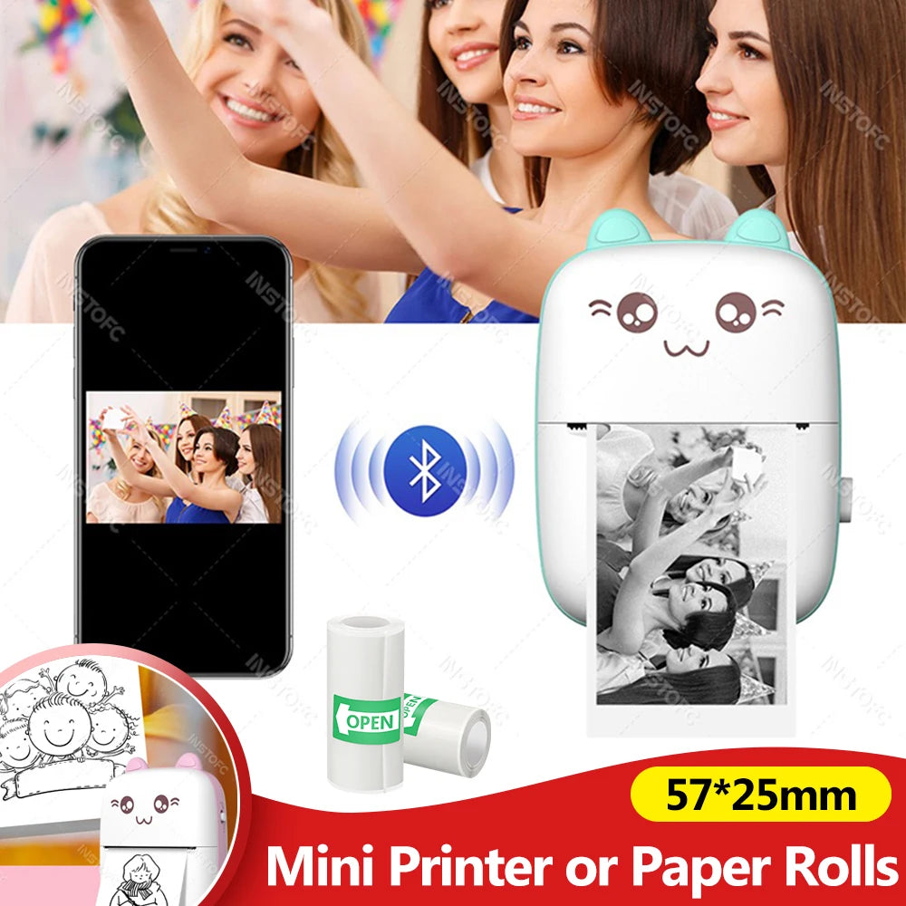 Portable 58mm Mini Thermal Photo & Label Printer - Bluetooth Sticker Memo Printer for iOS & Android (Compatible with 57mm Paper)